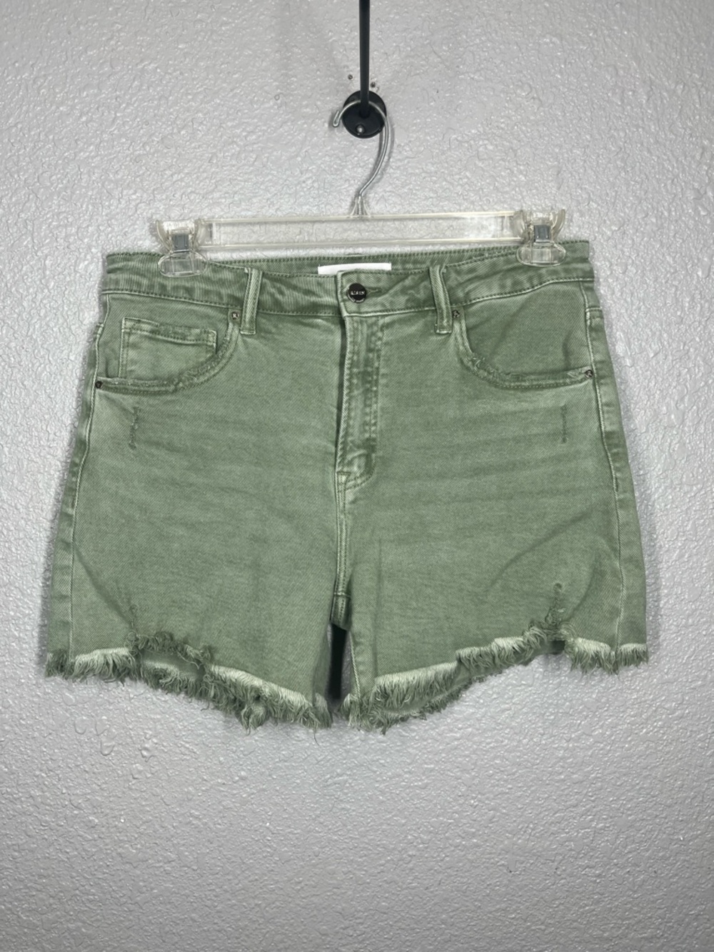 Risen Olive Green high Waisted Stretch Destructed Jean Shorts